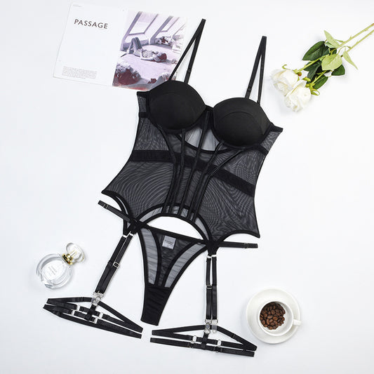 Black Midnight Temptation Mesh Bustier Set Over View