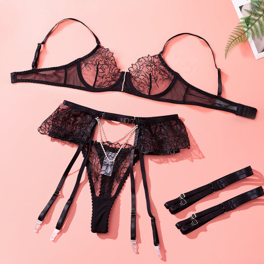 Black Sheer Lace Garter Lingerie Ensemble Over View