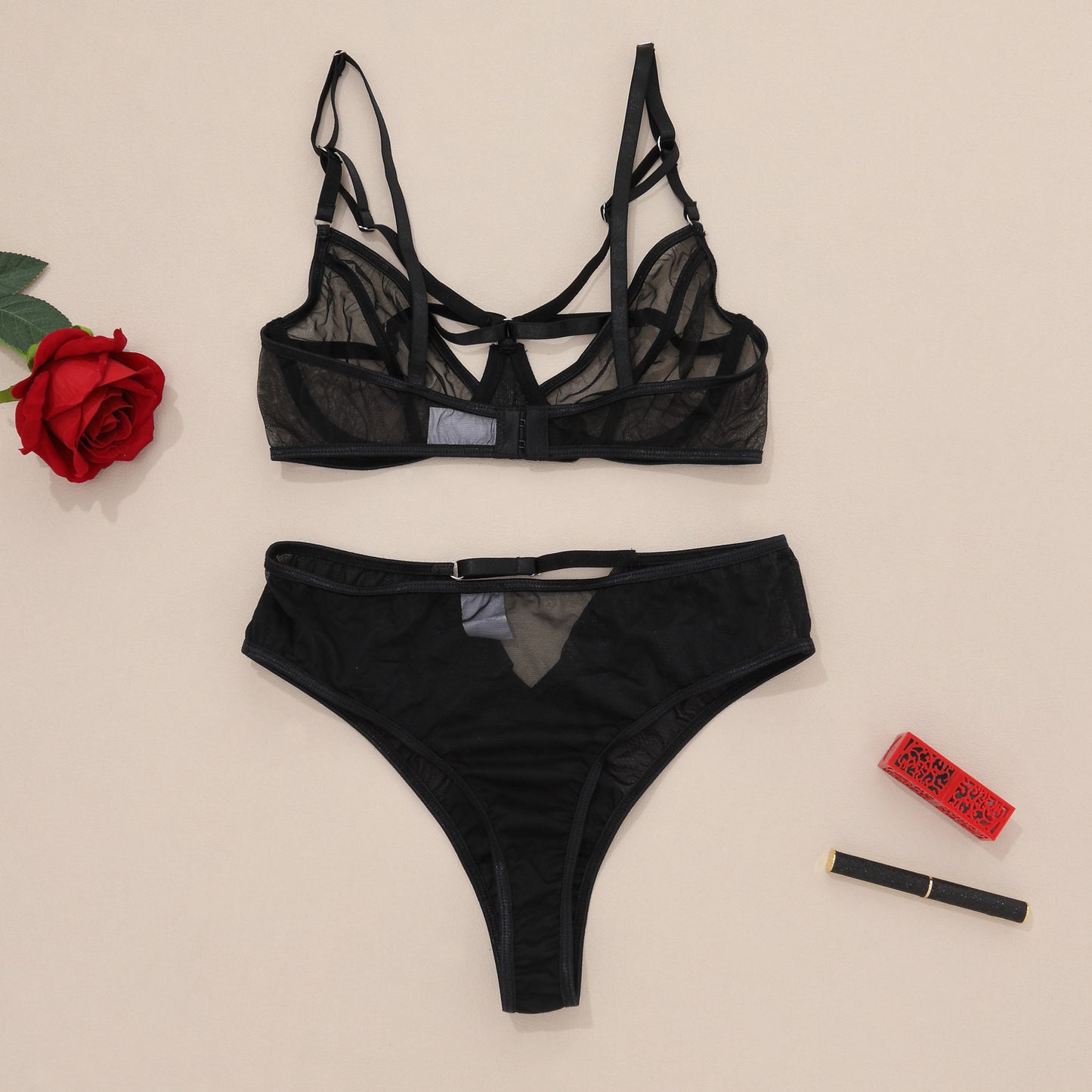 Chic Sexy Lingerie Mesh Bra Set with Cross Hollow Panty - Wholesale Lingerie Back Over View