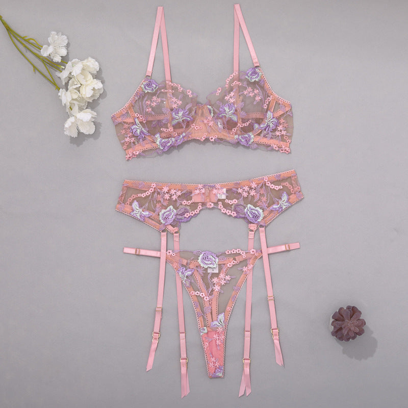 Stunning Sexy Bra and Panties Set with Purple Embroidery - B2B Lingerie Supplier. Over view