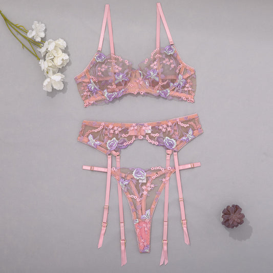 Stunning Sexy Bra and Panties Set with Purple Embroidery - B2B Lingerie Supplier. Over view