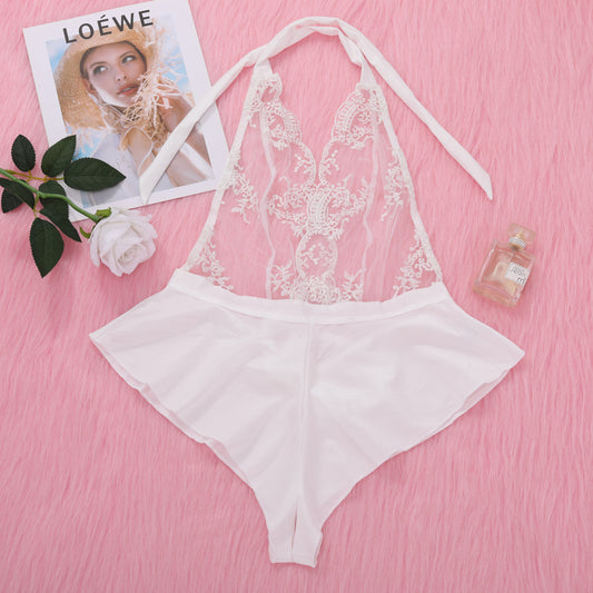 White Enchante Halter Neck Lace Teddy Over View