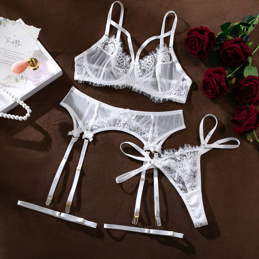 Wholesale Sexy White Bra Panty Set with Floral Lace Garter Over View